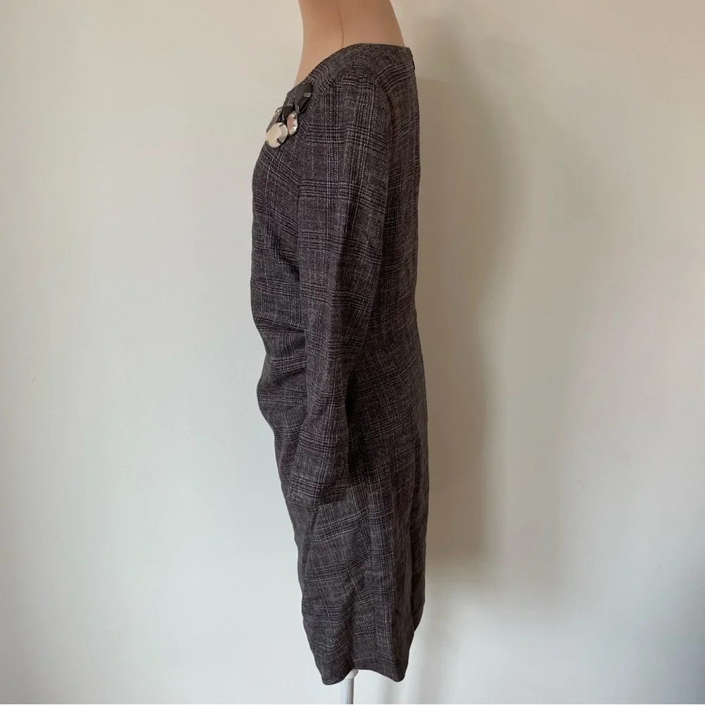 Piazza Sempione Wool Viscose Jeweled Shoulder Brown Gray Plaid Sheath Dress 40/4